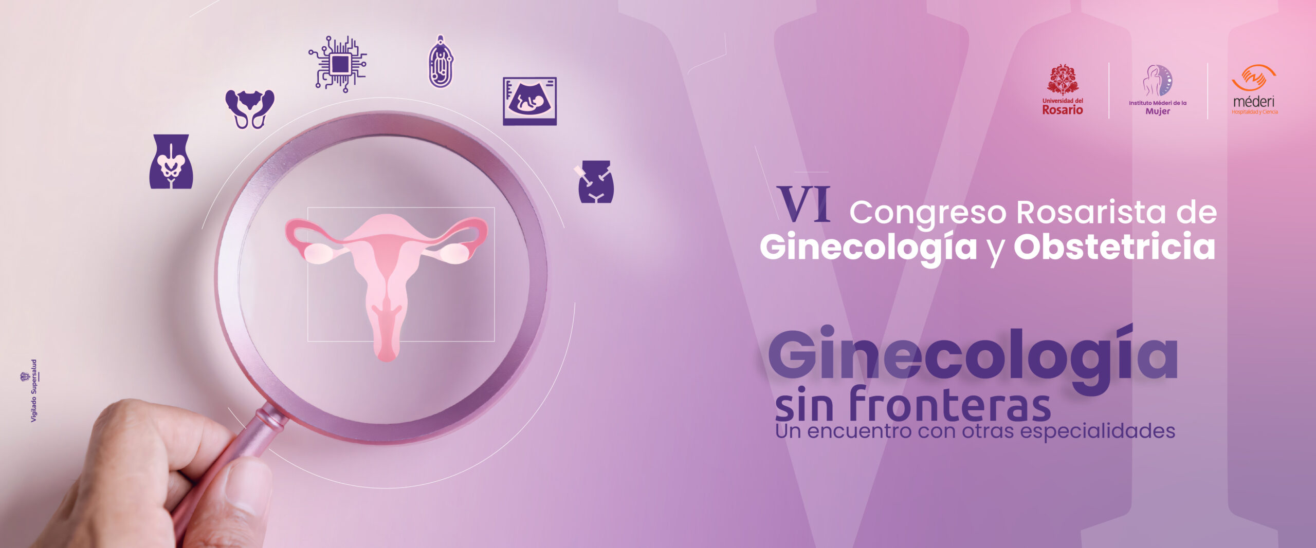 Banner del VI Congreso Rosarista de Ginecología y Obstetricia "Ginecología sin fronteras" en la Red Hospitalaria Méderi de Alta Complejidad.